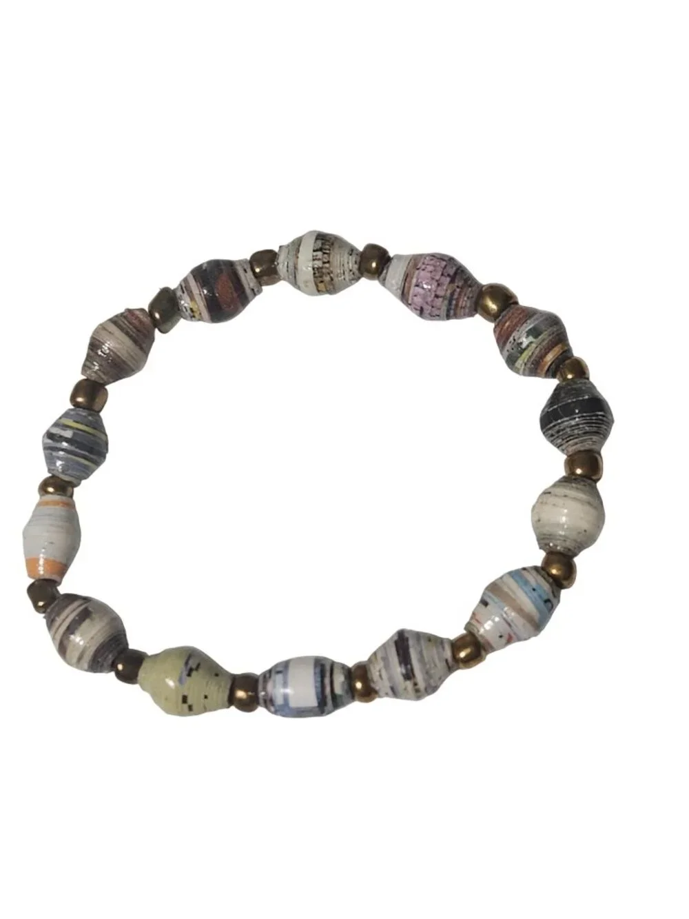 Handmade Recycled Paper Bead Bracelet Brass Accents Eco Friendly Jewelry Women